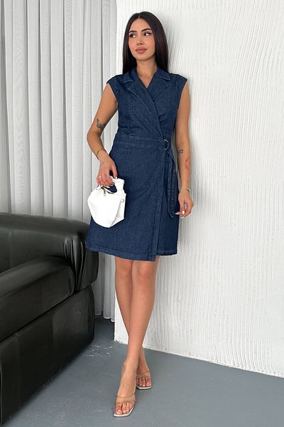 ZISHAN Belt Detailed Double Breasted Collar Sleeveless Denim Dress 041