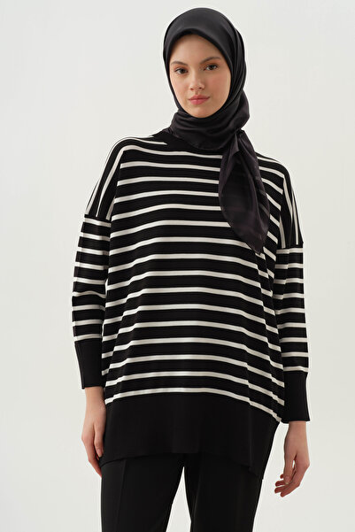 Tuğba Çizgili Triko Kazak - Siyah