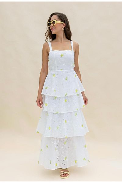 Afiş Butik White Strap Yellow Floral Scallop Tiered Long Dress
