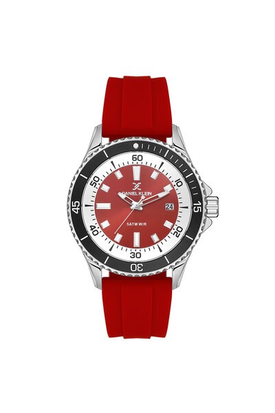 Daniel Klein Men's Silver-Red Metal Case Oval Dial Silicone Band Wristwatch Quartz Movement Analog Display