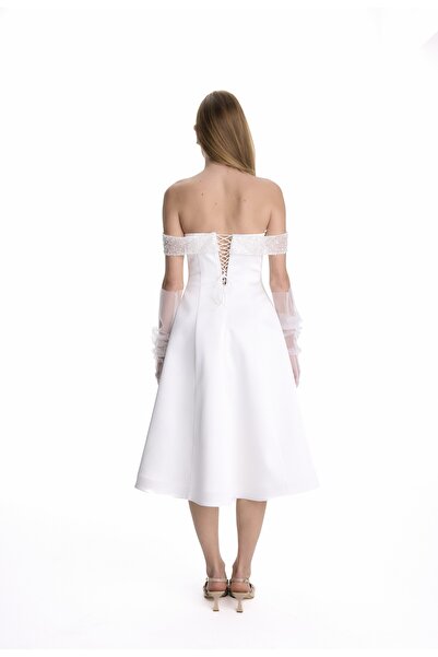 Lore&More Düşük Kol Midi Boy Nikah Nişan Abiye After Party Elbise