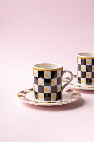 FH finehome Checker Porcelain 4 Piece Set of 2 Cups