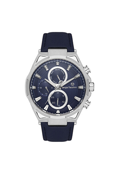 Sergio Tacchini Men's Silver-Navy Round Dial Leather Cord Quartz Wristwatch
