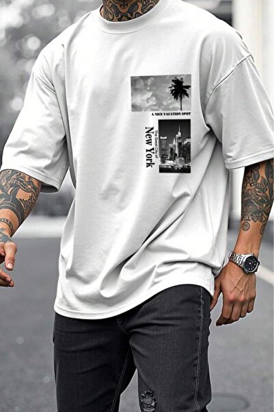 NO 601 Tricou oversize pentru bărbați, gri Nardo, cu imprimeu NY Palm