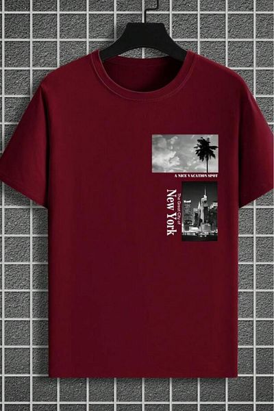 NO 601 Men's Burgundy Ny Palm Printed Oversize Tshirt