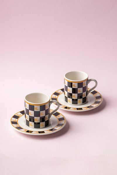 FH finehome Checker Porcelain 4 Piece Set of 2 Cups