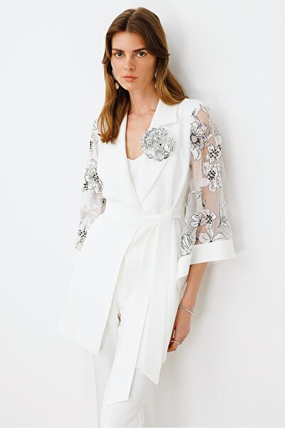 Moda İlgi Modailgi Kolları Evaze Çiçek Desenli Taş İşlemeli Uzun Ceket Ekru