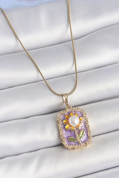 Clariss 316L Steel Gold Color Chain Purple Enamel Pearl Daisy Embroidered Portrait Model Women's Necklace