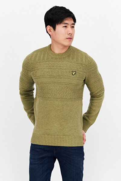 Lyle & Scott سترة رجالي مطرزة بشعار بأكمام طويلة وياقة دائرية، زيتوني