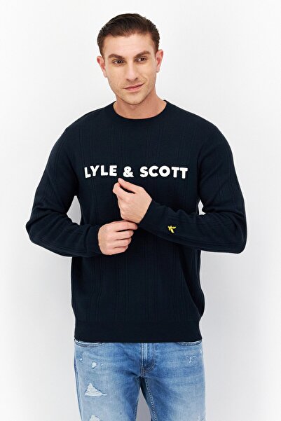 Lyle & Scott سترة رجالية مضلعة بشعار العلامة التجارية، بياقة دائرية، أزرق داكن