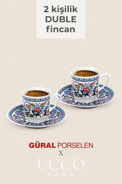 UCCO Set of 2 Güral Porcelain Double Turkish Coffee Cup Gözde – 120 Cc – Topkapi Pattern – Ethnic – Gift Box