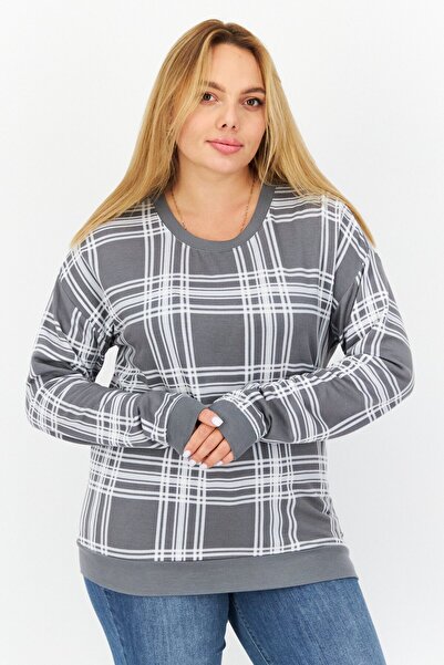 Marc New York Women Crew Neck Long Sleeve Checkered Sweatshirt, Grey Combo