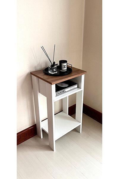 DEKOKAP Teak Beyaz Açık Raflı Komodin Sehpa