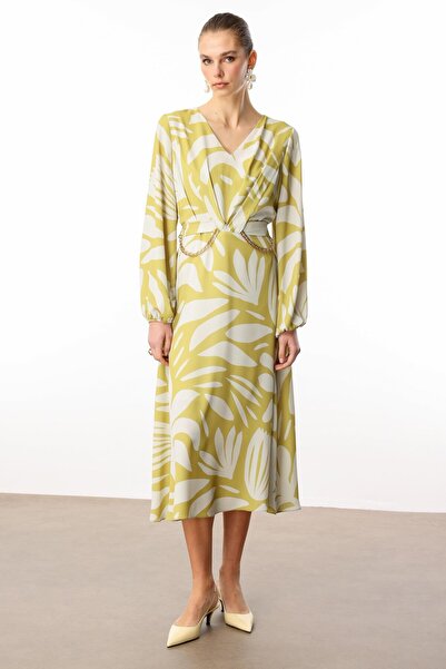 Moda İlgi Modailgi V Yakalı Uzun Kol Önden Pile ve Zincir Kuşak Detaylı Midi Boy Elbise Asit