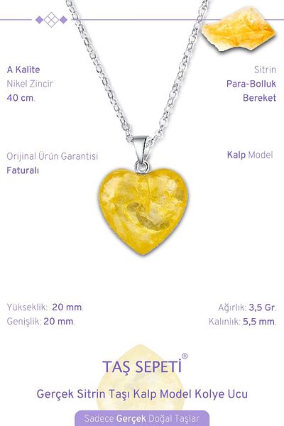 TAŞ SEPETİ Real Citrine Stone Heart Model Pendant Money Abundance Abundance