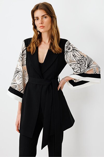 Moda İlgi Modailgi Kolları Yakma Çiçek Desenli Uzun Ceket Siyah