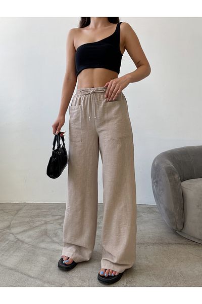 Swan Woman Elastic Waist Wide Leg Visco Linen Pocket Summer Trousers