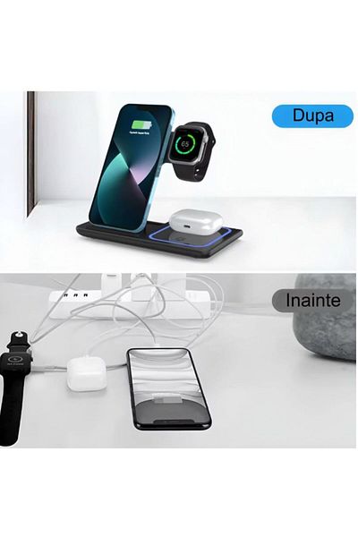 OEM Incarcator Wireless 3 In 1 Pliabil 15w Pentru Telefon, Ceas Si Casti