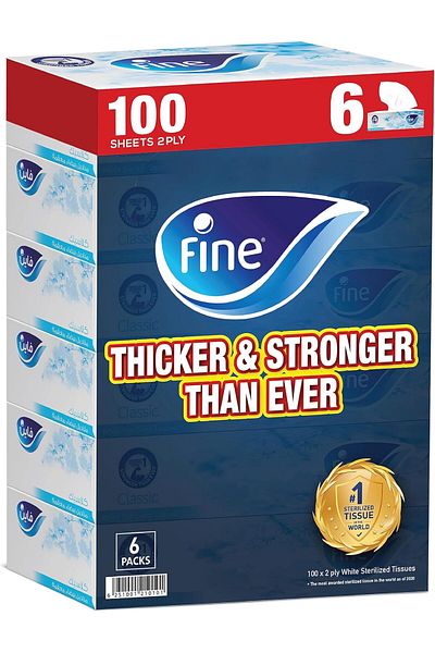 FINE Sterilized Facial Tissues - Pack Of 6 Boxes, 86 Sheets X 2 Ply, White