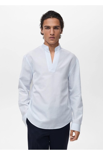 MANGO Man Keten karışımlı Mao yaka gömlek