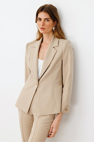 Moda İlgi Modailgi Metal Aksesuar Detaylı Tek Düğmeli Yarım Astarlı Ceket - 4658 Taş