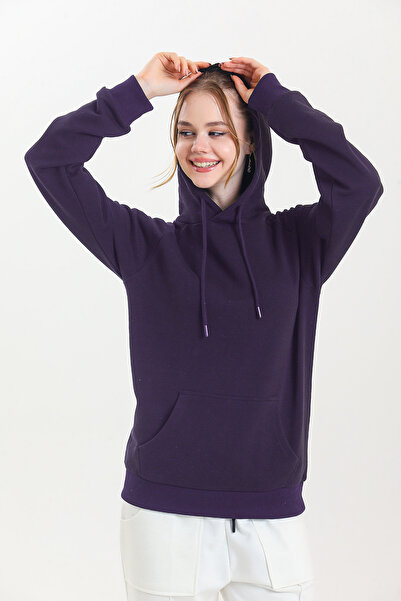 pulur.co Mor Kapüşonlu Kanguru Cepli %100 Pamuklu Basic Sweatshirt