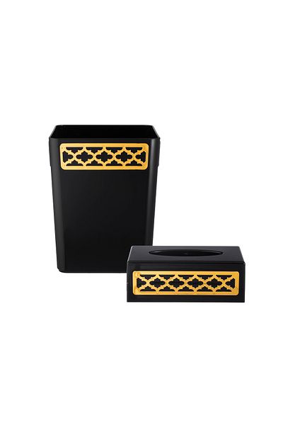 ABAREEK A set of wastebasket, tissue box and gold decor for a stylish and modern home.