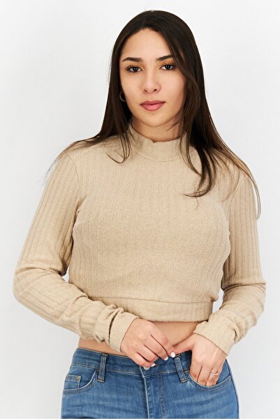 NA-KD Women Mock Neck Long Sleeves Textured Blouse, Beige
