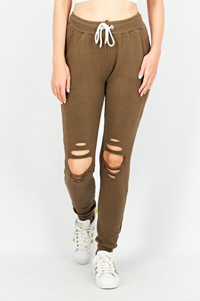 CHRLDR Women Regular Fit Shredded Sweatpants, Tan
