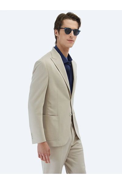 Kip Beige Plain Modern Fit 100% Cotton Bag Pocket Double Breasted Collar Knitted Suit