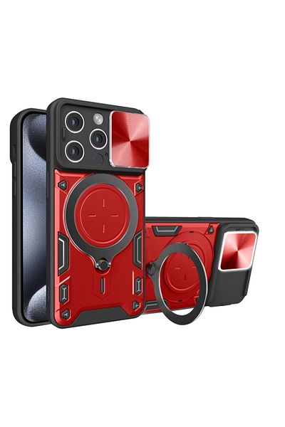 SKYDDAR INNOVATION Case for iPhone 15 Pro Max, CamGuard Pro, Magnetic Ring, Camera Protection, Red, sticker set
