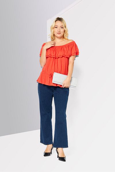 Ralph Lauren Women Off Shoulder Short Sleeves Plain Blouse, Red