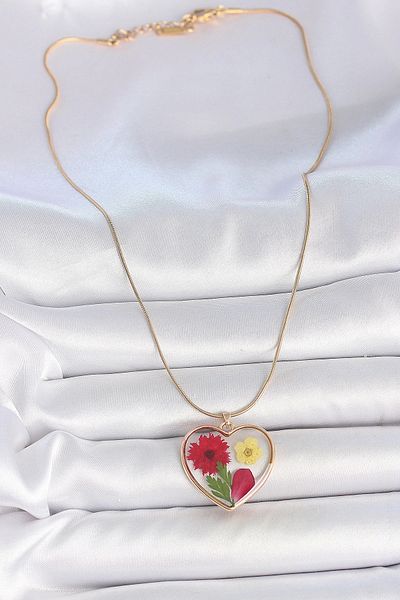 Clariss 316L Steel Gold Color Chain Epokis Heart Natural Flower Model Women's Necklace