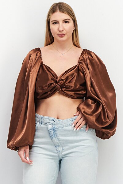 Yaura Women Queen Anne Neck Balloon Sleeve Solid Crop Top, Brown