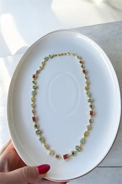 Feraye Aksesuar Tam Tur Zirkon Renkli Baget Taşlı Özel Seri Kolye 14K Renk