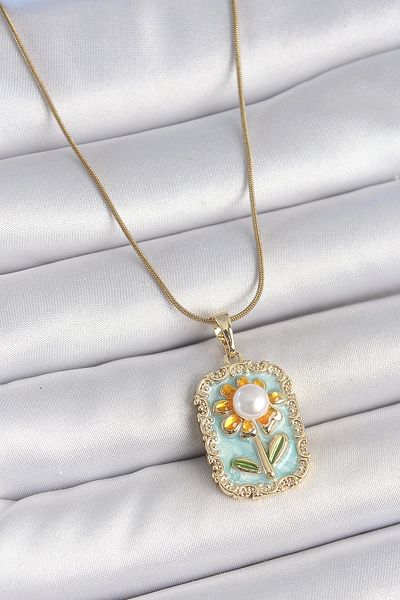 Clariss 316L Steel Gold Color Chain Blue Enamel Pearl Daisy Embroidered Portrait Model Women's Necklace
