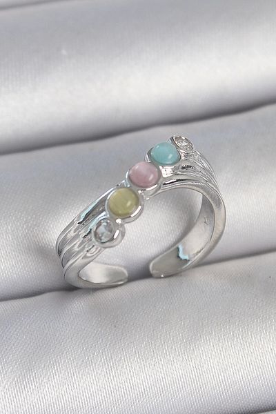 Clariss Brass Silver Color Zircon Stone Detailed Colorful Enamel Adjustable Women's Ring
