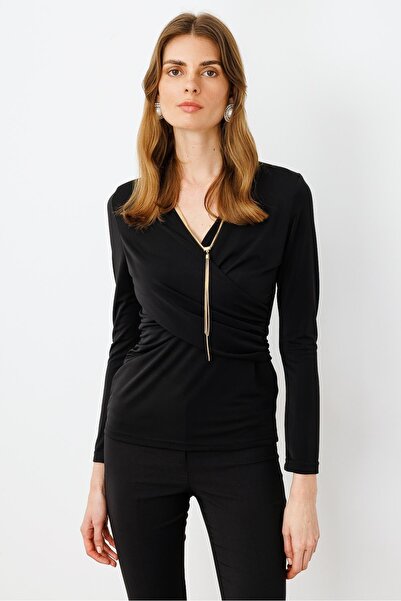 Moda İlgi Modailgi Zincir Aksesuarlı Uzun Kollu Kruvaze Bluz Siyah