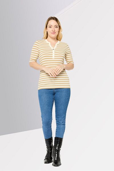 Ralph Lauren Women Henley Neck Short Sleeves Striped Top, Cream/tan