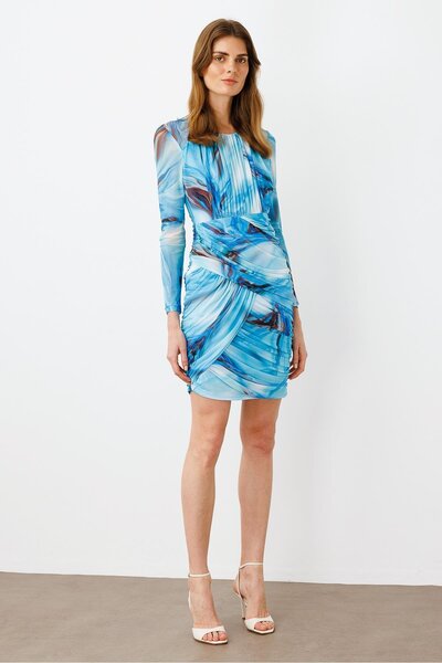 Moda İlgi Modailgi Reglan Kol Yuvarlak Yaka Büzgülü Kısa Tül Elbise Mavi