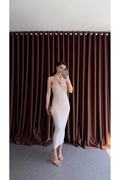HAZELANNA Gold Detaylı Bej Elbise