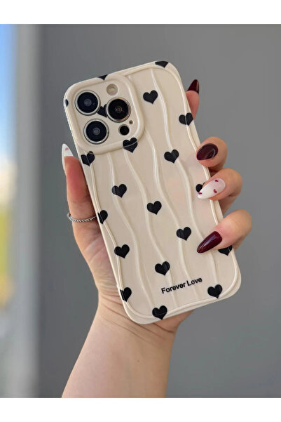 MİRAZ TASARIM iPhone 16 Pro Black Heart Patterned Cream Color Case