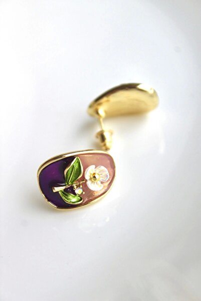 Leo'Stone Vintage Çok Renkli Elips Beyaz Çiçek Motifli 3d Tablo Tasarım Kadın Çelik Küpe