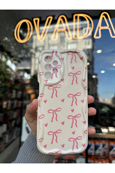 OVADA SAMSUNG GALAXY A23 Uyumlu Kamera Korumalı Dalga Kenar Kalp ve Kurdele Baskı Silikon Kılıf