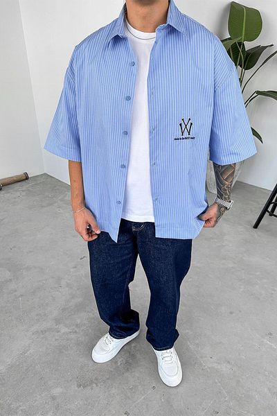 HAFKAGİYİM Baby Blue Back Printed Λεπτομέρεια Ριγέ Πουκάμισο Oversize