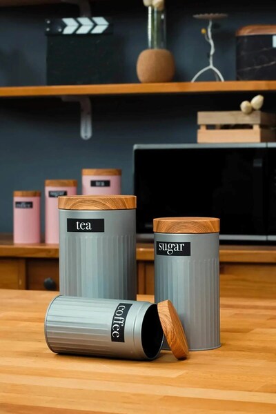 sizinsepetiniz طقم غطاء من الخيزران و3 مرطبانات معدنية