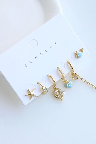 Leo'Stone 6 Lı İSTİRİDYE Tasarım Kararmaz Renk Atmaz Çoklu Kadın Çelik Küpe