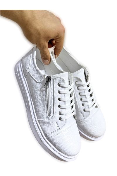 MerlitShoes Men's White Comfortable Lightweight Casual Sneakers Zippered
