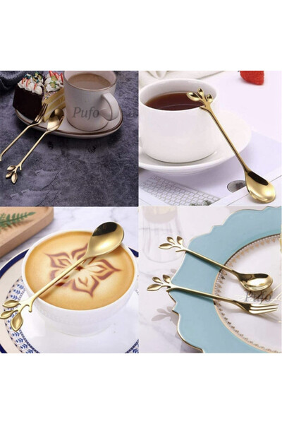 PUFO Set of 6 Leaf spoons for coffee, tea, dessert, steel, leaf-shaped handle, gold, 13 cm