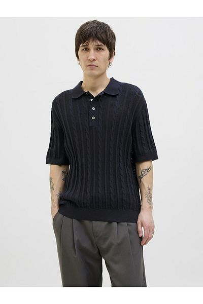 Jack & Jones Men's Navy Blue Jprblamason Knit Polo Ss Polo T-Shirt 12277518-Nightsky